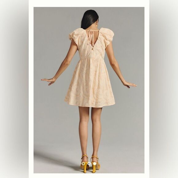 Anthropologie Deep-V Puff-Sleeve Dress Size 12 Peach - Picture 3 of 3